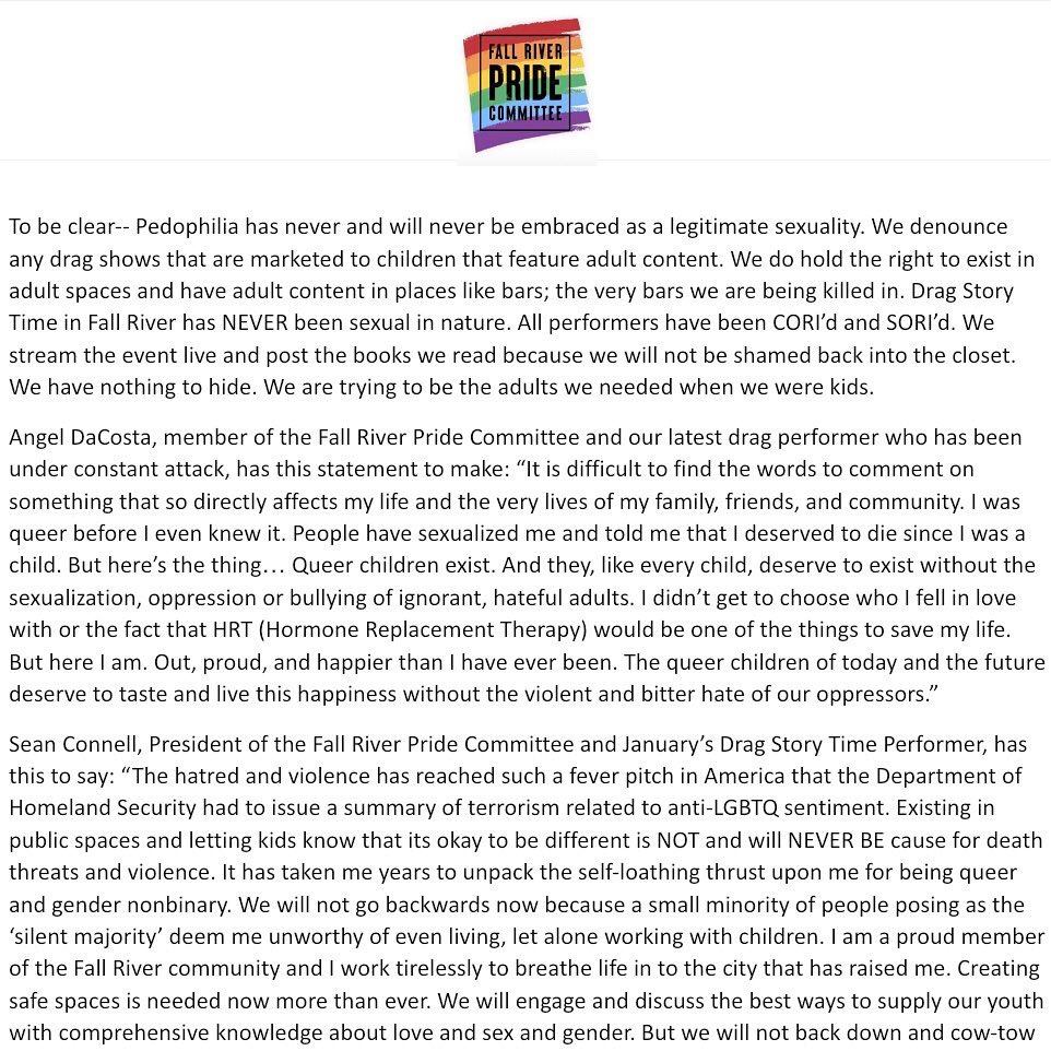 frprideco's tweet photo. Official Statement from the Fall River Pride Committee: 
RE: Rising Anti-LGBTQ Violence 

This statement was written and published on December 6th, 2022. 
Link to DHS Statement on Terrorism: 
https://t.co/8uDiACQV99

#officialstatement #fallriverpridecommittee #fallriver #pride https://t.co/deo9ysmXfm