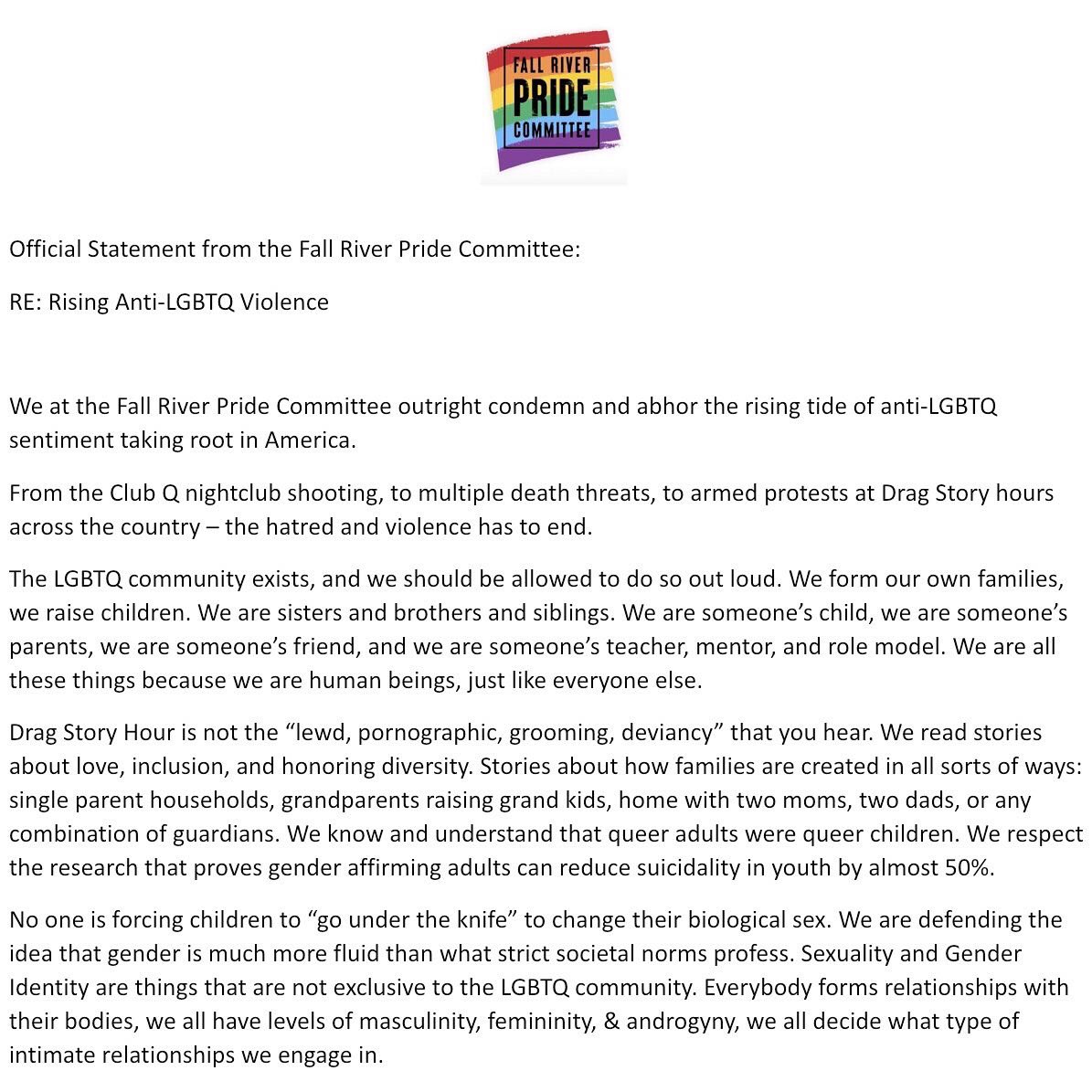 frprideco's tweet photo. Official Statement from the Fall River Pride Committee: 
RE: Rising Anti-LGBTQ Violence 

This statement was written and published on December 6th, 2022. 
Link to DHS Statement on Terrorism: 
https://t.co/8uDiACQV99

#officialstatement #fallriverpridecommittee #fallriver #pride https://t.co/deo9ysmXfm