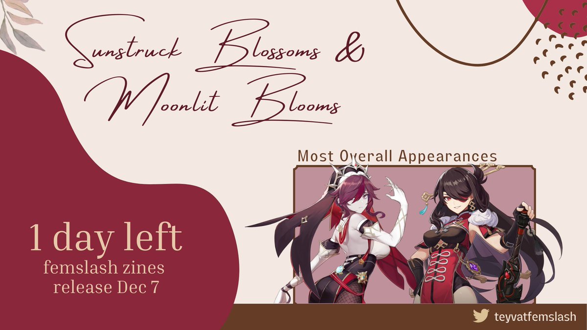 teyvatfemslash's tweet photo. “Sunstruck Blossoms” and “Moonlit Blooms” will be released tomorrow, and we’re so excited to share them with you all! With a total of 24 characters appearing across both zines, Rosaria and Beidou are both tied for the most appearances overall, with 4 for each of them! https://t.co/ubdLM07SQu