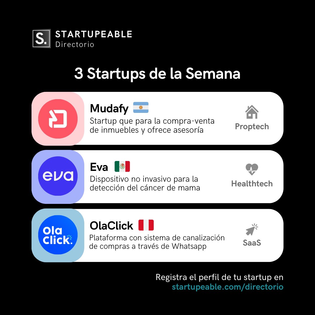 ¡Conoce el ecosistema de startups de nuestra región! 🌎

Te presentamos a <a href="/mudafy_ar/">Mudafy</a>, <a href="/evacenter_mx/">Eva</a> y <a href="/OlaClick/">OlaClick</a>
(1/2)