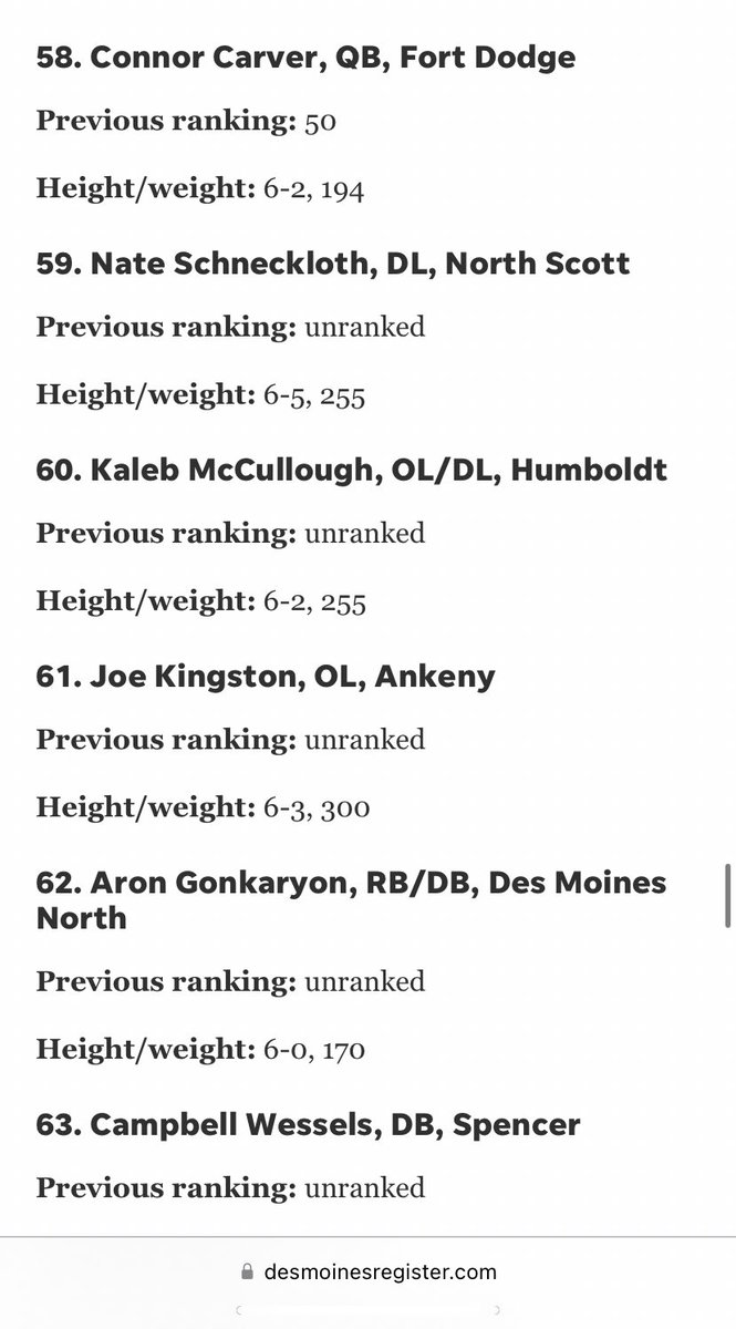 Excited to be ranked in the top 65 prospects for the class of 2023! <a href="/DMRegister/">Des Moines Register</a>
