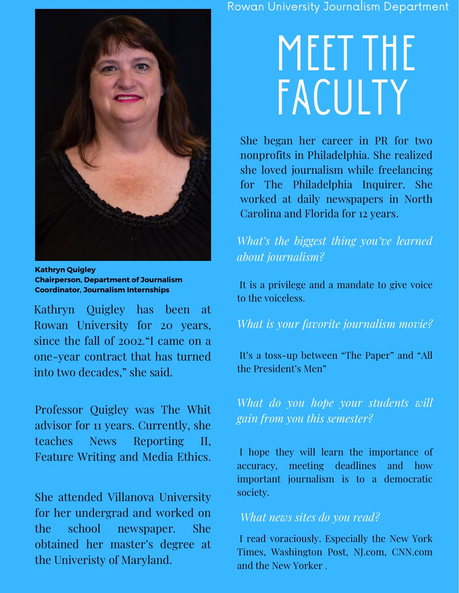 RowanUJourn's tweet photo. Meet the Journalism Department Chairperson, Kathryn Quigley. 🦉@WriterChickNJ #rowanproud #journalismdepartment #chairperson https://t.co/mfSehWv83z