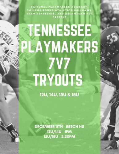 Tryouts this weekend. Cost is $30. Get registered! 🏈tennesseeplaymakers.leagueapps.com/events/3534378…