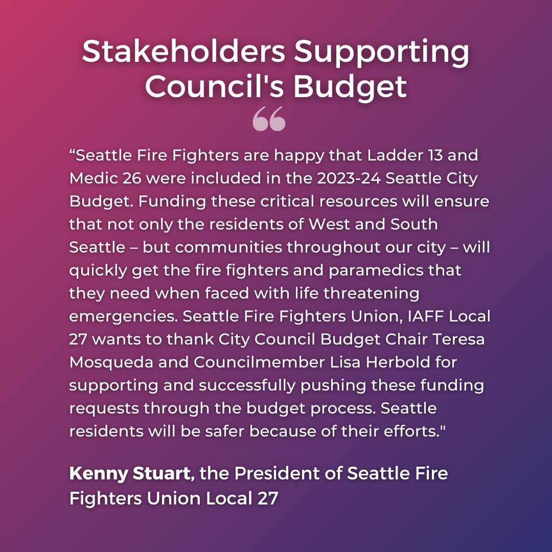 CMTMosqueda's tweet image. The 2023-2024 Biennial Budget has been signed by @MayorofSeattle! Investing in a Seattle that is #caredfor &amp;amp; #housed, #connected &amp;amp; #resilient, and #healthy &amp;amp; #safe! Here is what the #community is saying! Thanks to @IAFF27 for this first comment…