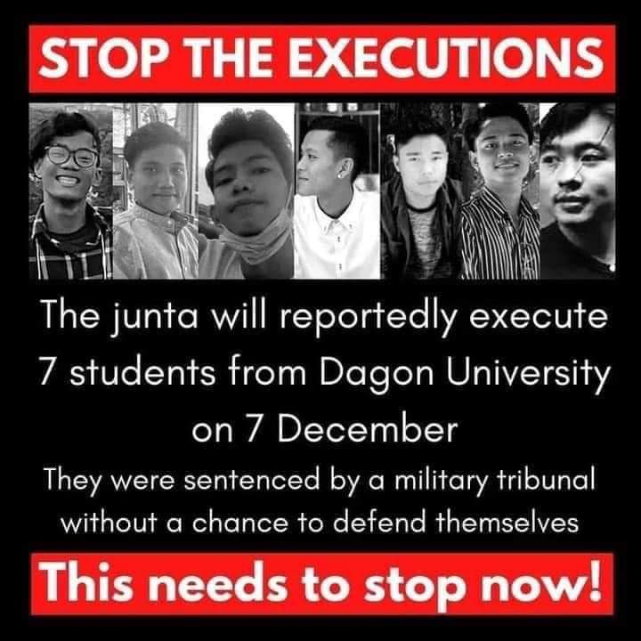 7 students in Myanmar are currently facing death penalty by hanging for simply protesting against the Military Coup. They will be killed for exercising their right to freedom of speech and peaceful protest.The rest of the world needs to take notice!!#WhatsHappeningInMyanmar