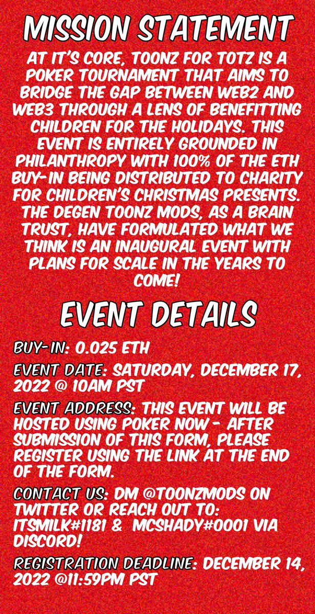 We're super excited to announce that we've partnered up with <a href="/wulfboysocial/">wulf boy social club</a> <a href="/metabrewsociety/">MetaBrewSociety</a> <a href="/_TheAces/">The Aces</a> to launch our philanthropic TOONZ FOR TOTZ Poker Tournament which benefits kids!

See link for details on registration.

#TOONZForTotz #TOONZ