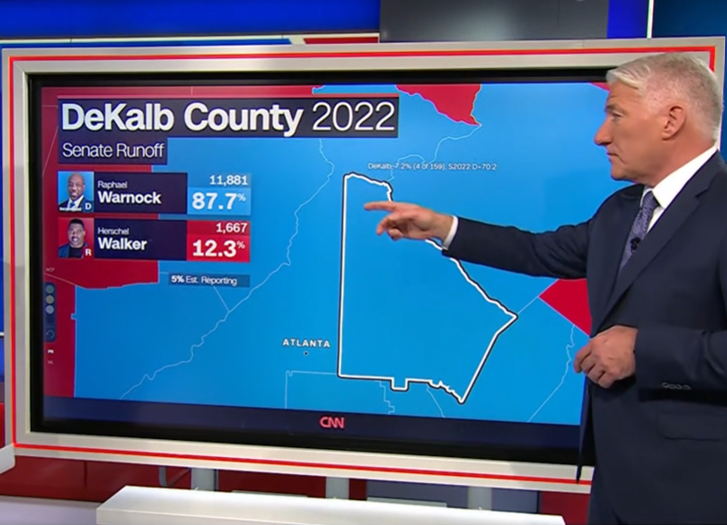 JonesHowDareYou's tweet photo. John King on CNN says Warnock is leading in a number of places because of the early vote count. Republicans are relying on who turned out at the voting booths today. #uspoli #RunOff2022 #Warnock4GA https://t.co/633yv1mIlh