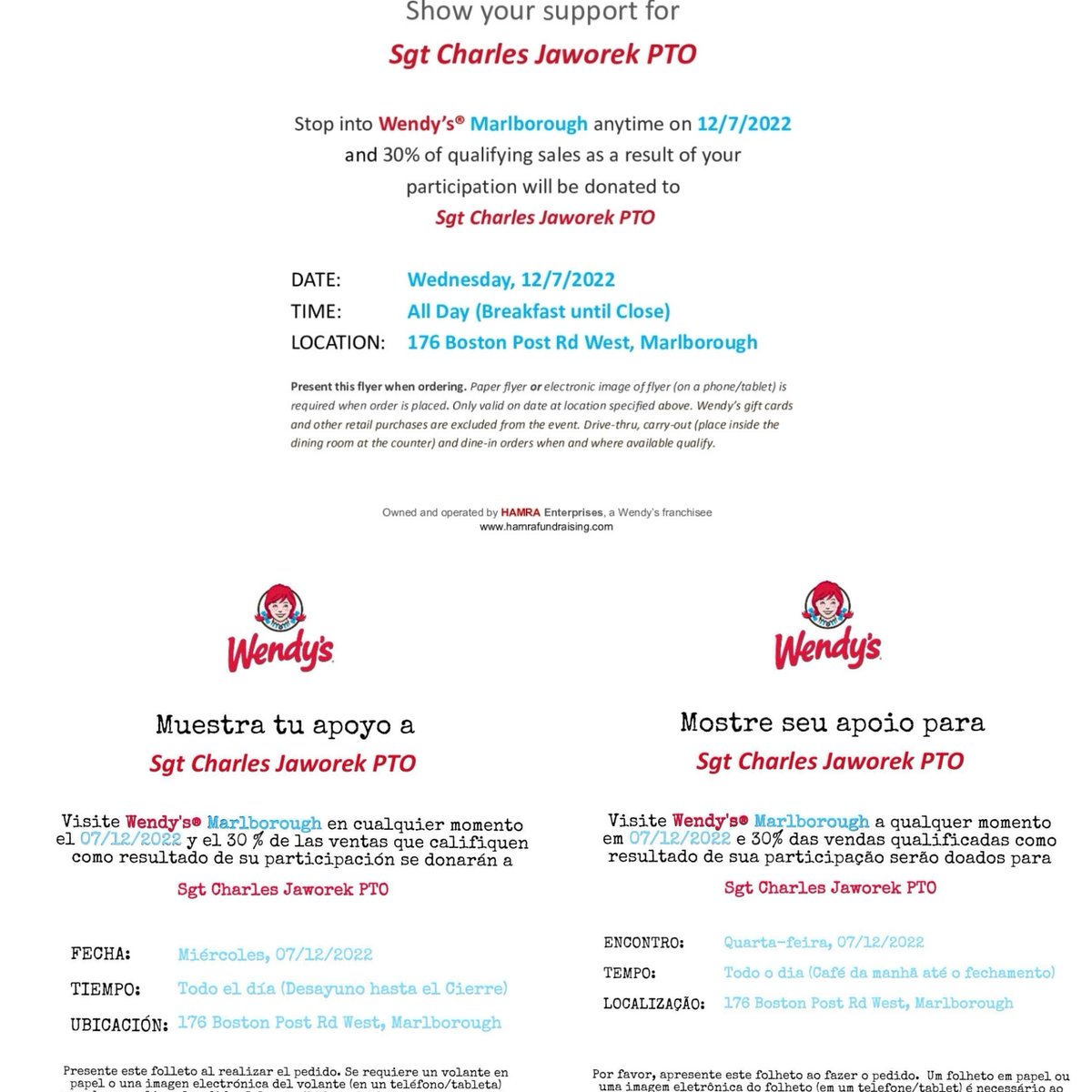 Tomorrow! You? Me! See you at Wendy's in Marlborough 🍔🥤🍟🎉 30% 😲 😍 of your order goes to JaworekPTO when you show this flyer 🤗 #letsEAT