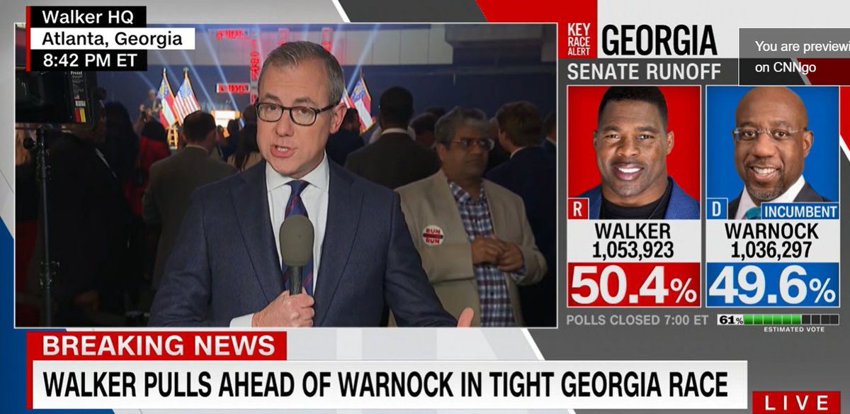 JonesHowDareYou's tweet photo. Walker supporters are going wild as Walker takes the lead. #uspoli #RunOff2022 #Warnock4GA https://t.co/WOB4zCYpyl