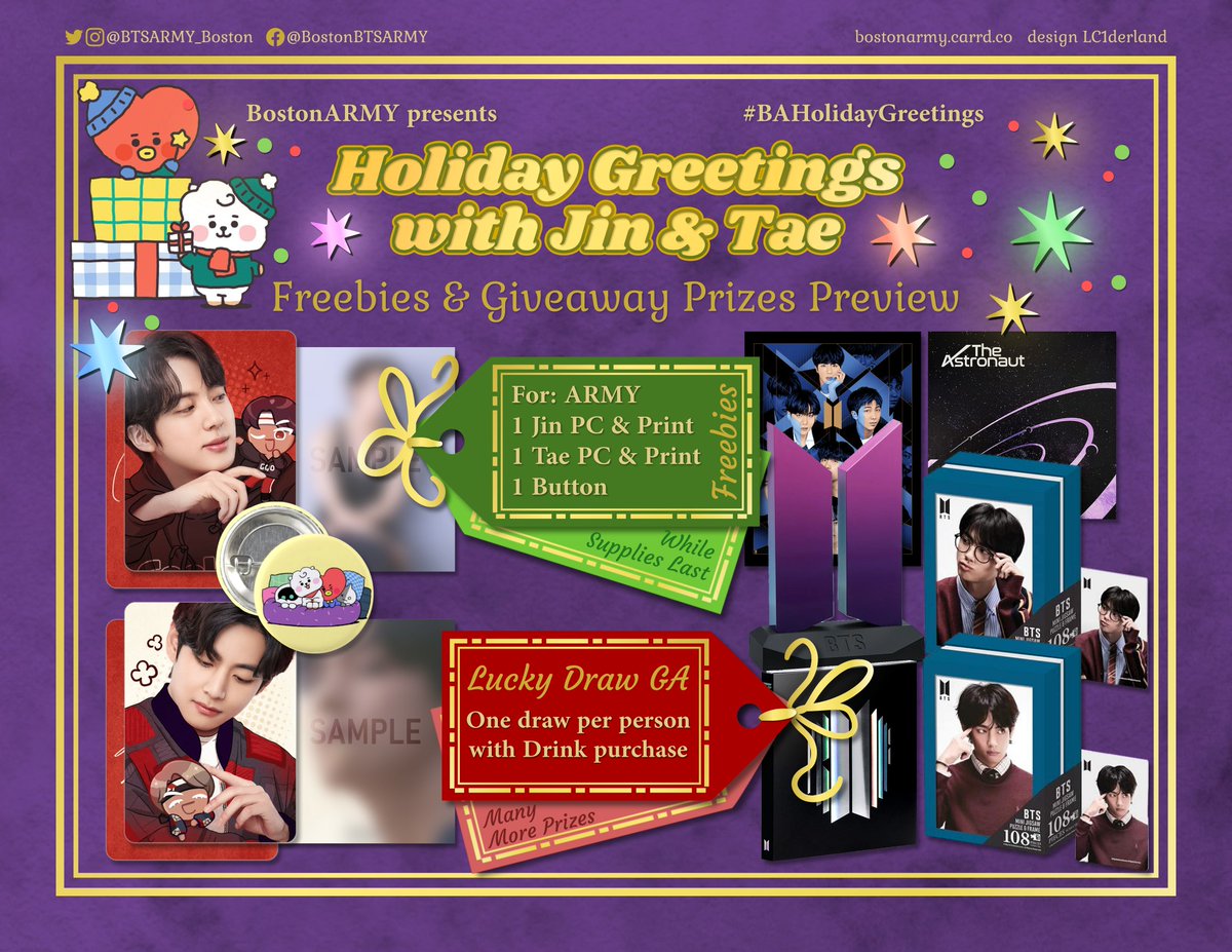 BTSARMY_Boston's tweet photo. ❄🎁 HOLIDAY GREETINGS with Jin &amp; Tae 🌲⛄
📅12/11, 12pm-5pm  📍@BambuLowell

💝FREEBIES, while supplies last
1 Jin PC &amp; print
1 Tae PC &amp; print
1 Button

💝LUCKY DRAW, one draw per person w/ drink purchase
Prizes: BTS Logo, BE Poster, Puzzles, Albums &amp; more!

#BAHolidayGreetings https://t.co/YdEkbOloAo