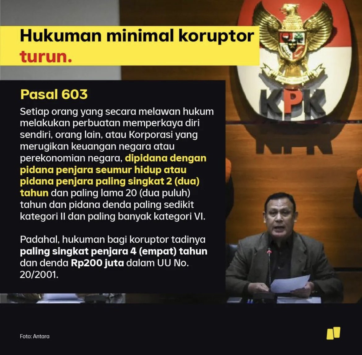 Dan di negara yang sok Pancasila dan diklaim sebagai KUHP pertama pasca-kolonialisme Belanda ini, hukuman MINIMAL untuk koruptor malah dikurangi dari 4 tahun menjadi hanya 2 tahun.

Munafik. Hipokrit.