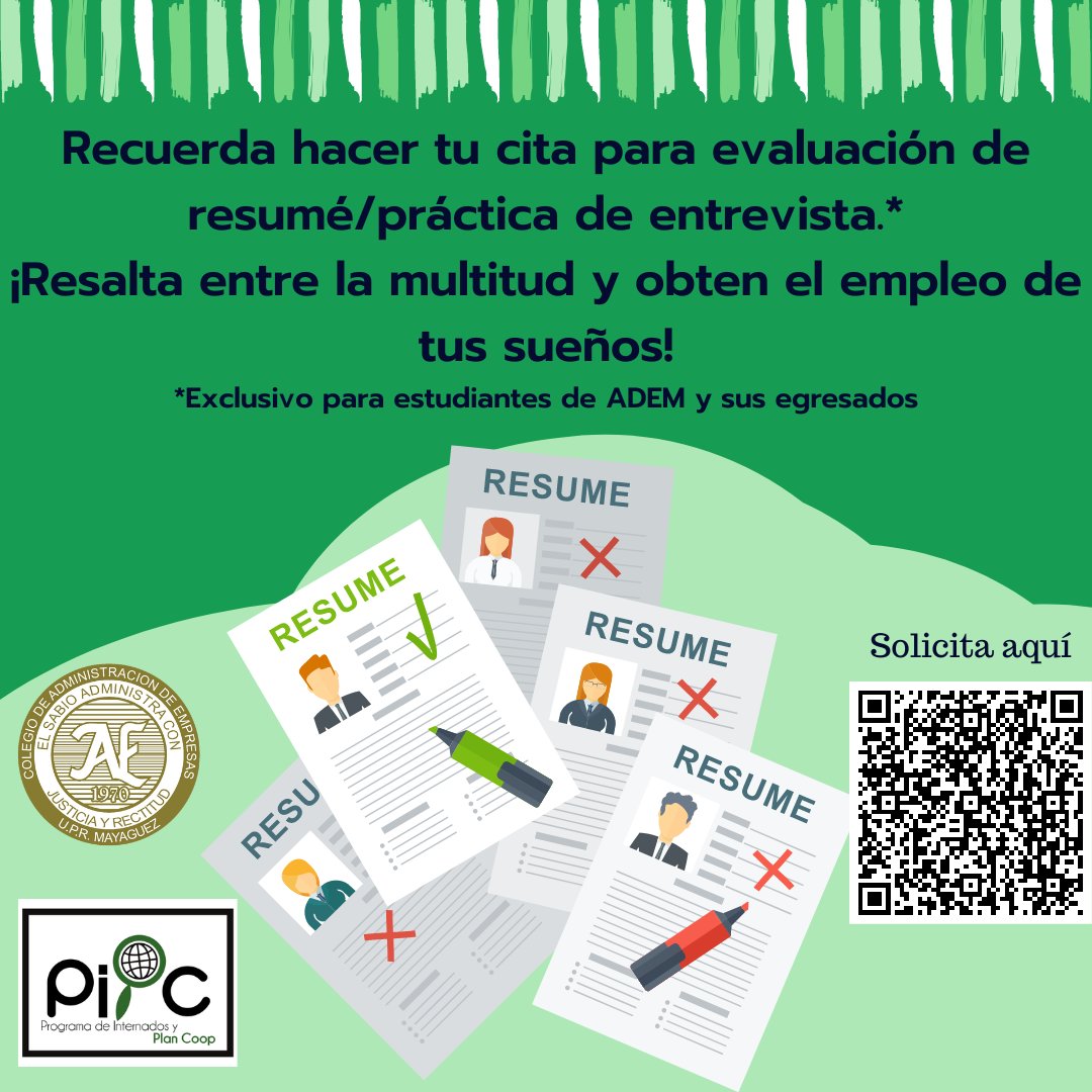 Saludos. Nos complace informarles que estaremos evaluando resumés y realizando prácticas de entrevistas diariamente para tu beneficio. La próxima feria de empleo de ADEM es el jueves 23 de febrero de 2023. Ya las empresas han comenzado a registrarse. ¡Prepárate!