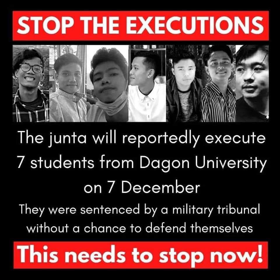 - We Stand Together - lll
Please share your photos on social media with the following hashtags.

#StopExecutingOurStudents
#StopExecutingOurFriends
#DagonUniversityStudents
#FailedLaw
#MyanmarUnderDeathPenalty
#WeAreUnderDeathPenalty
#rejectmilitarycoup
#whatshappeninginmyanmar