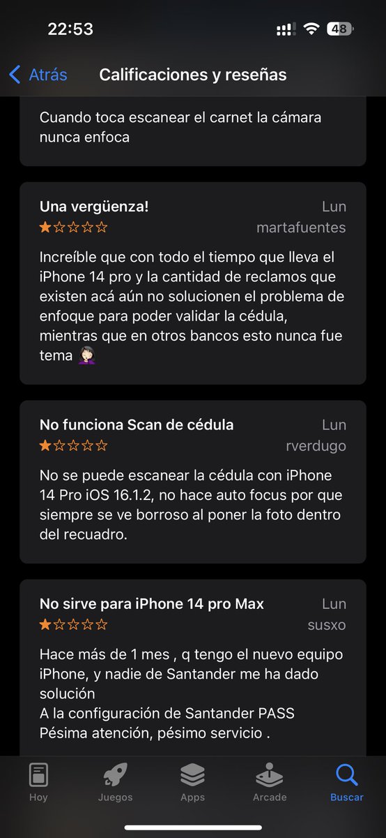 Orabuco's tweet photo. @santanderchile el App Store, esta lleno de reclamos por el problema de enfoque en Iphone 14 pro, al momento de scanear la cédula de identidad… y aun no hacen nada para arreglar este problema, una vergüenza. https://t.co/B7sfFMBQCI