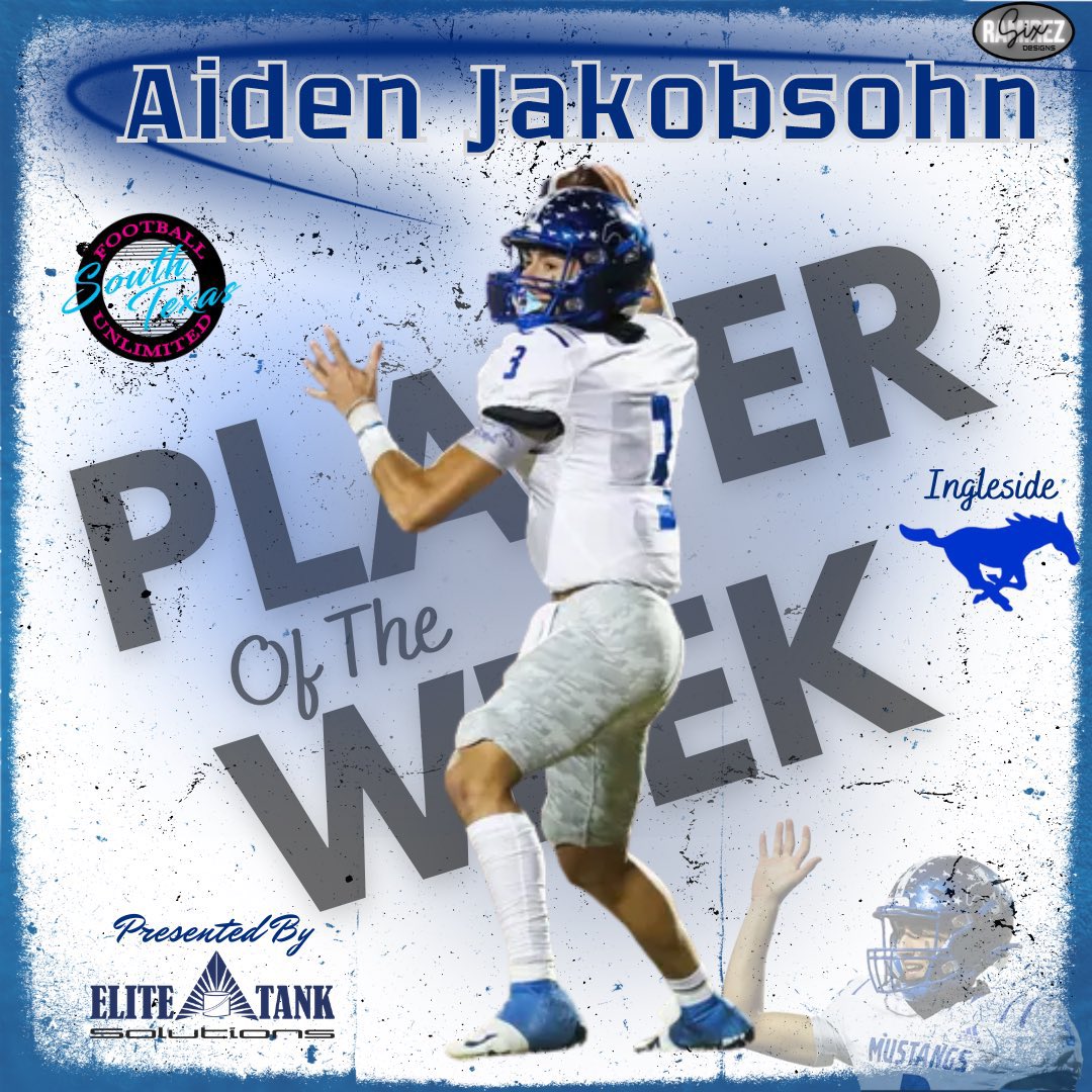 Still getting these out the door! Still got 2 more to go! Congratulations to our Week 10 Elite Tank Solutions Player of the Week, Ingleside QB, Aiden Jakobsohn! We’re looking forward to watching Aiden build on his Junior season where he threw for 2500 yards & 37 TDs! @CoachQ33