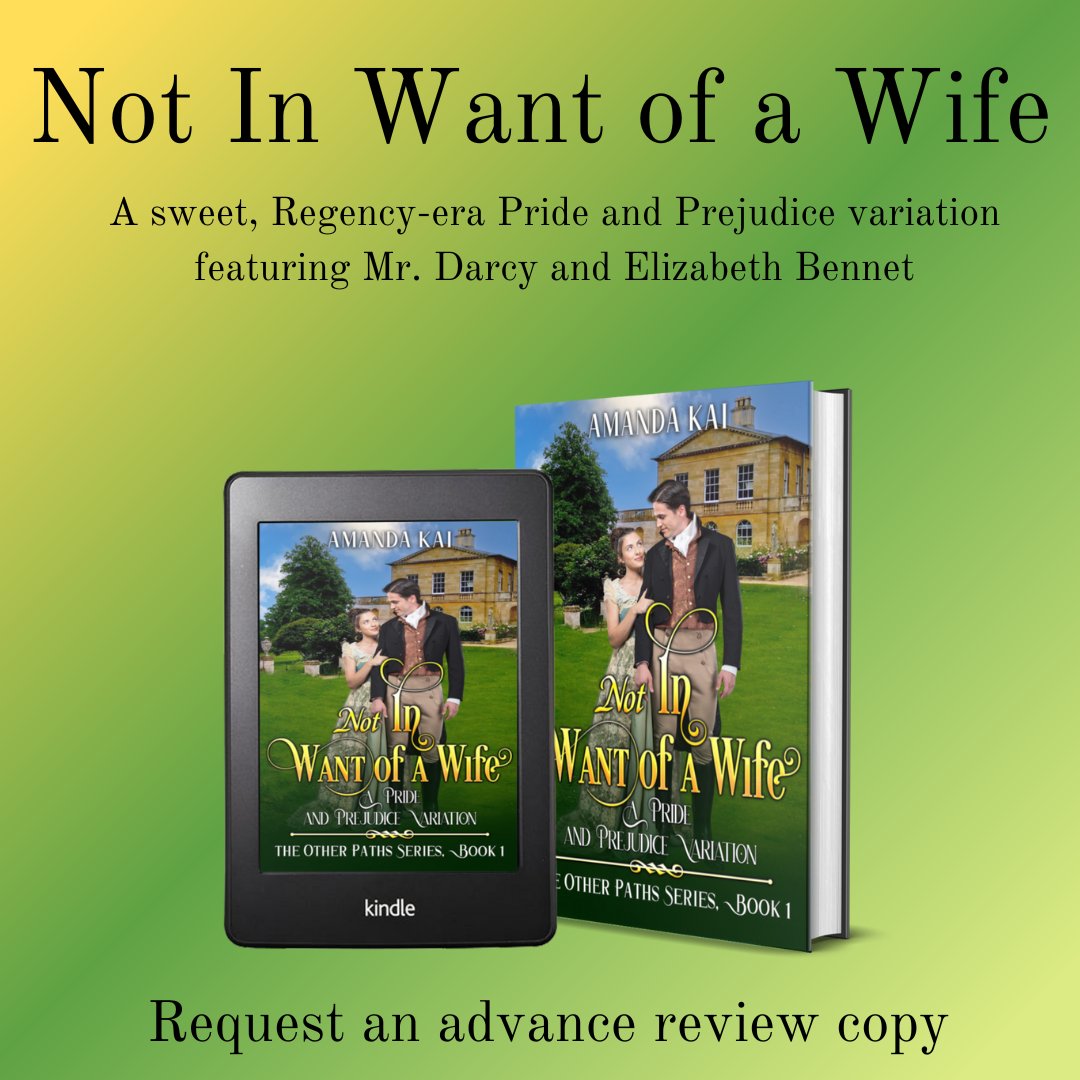 #jaff #regencyromance  
"Not In Want of a Wife?", a Pride and Prejudice Novella, is a sweet, Regency-era romance featuring Mr. Darcy and Elizabeth Bennet.  Apply here to request an advance review copy: storyoriginapp.com/reviewcopies/8…