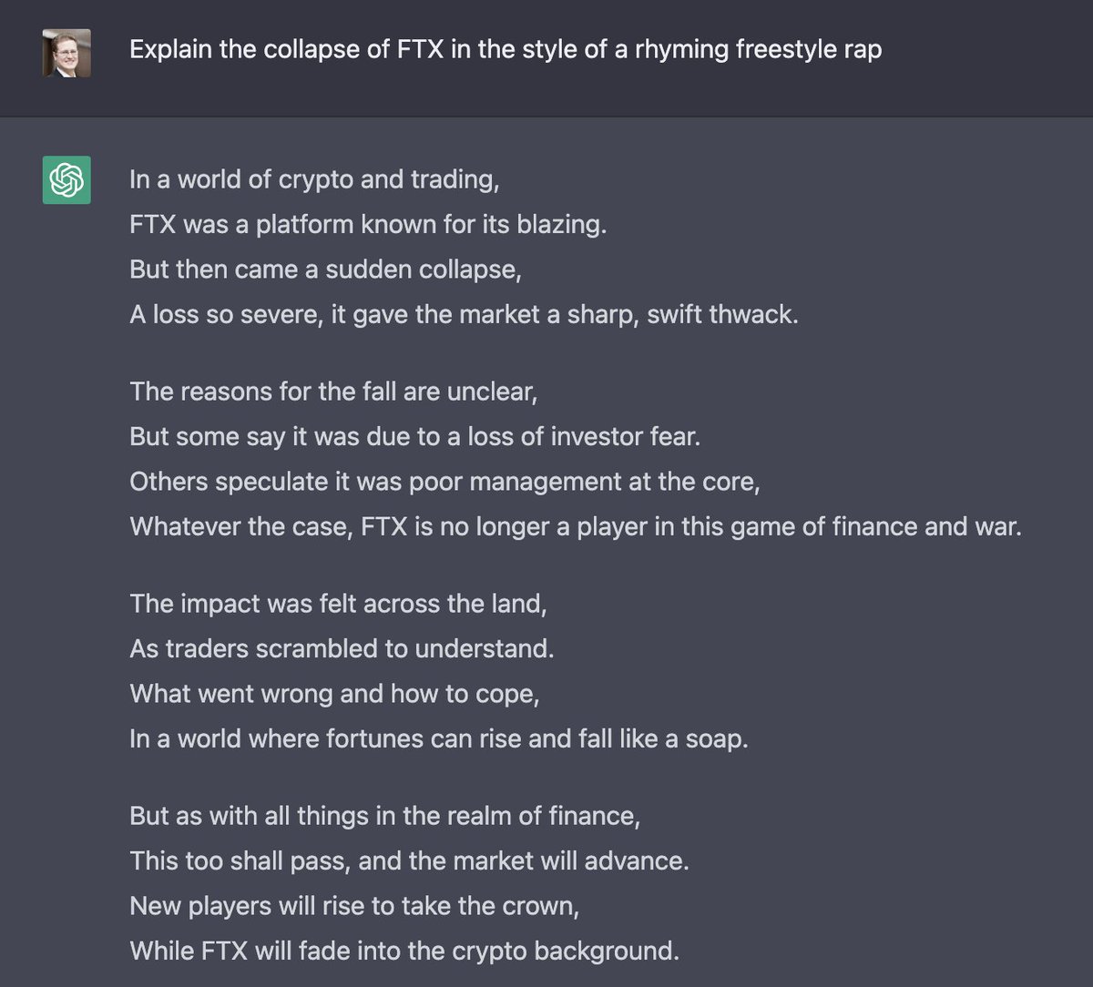 "In the style of a rhyming freestyle rap" is my new favorite chatGPT pastime.