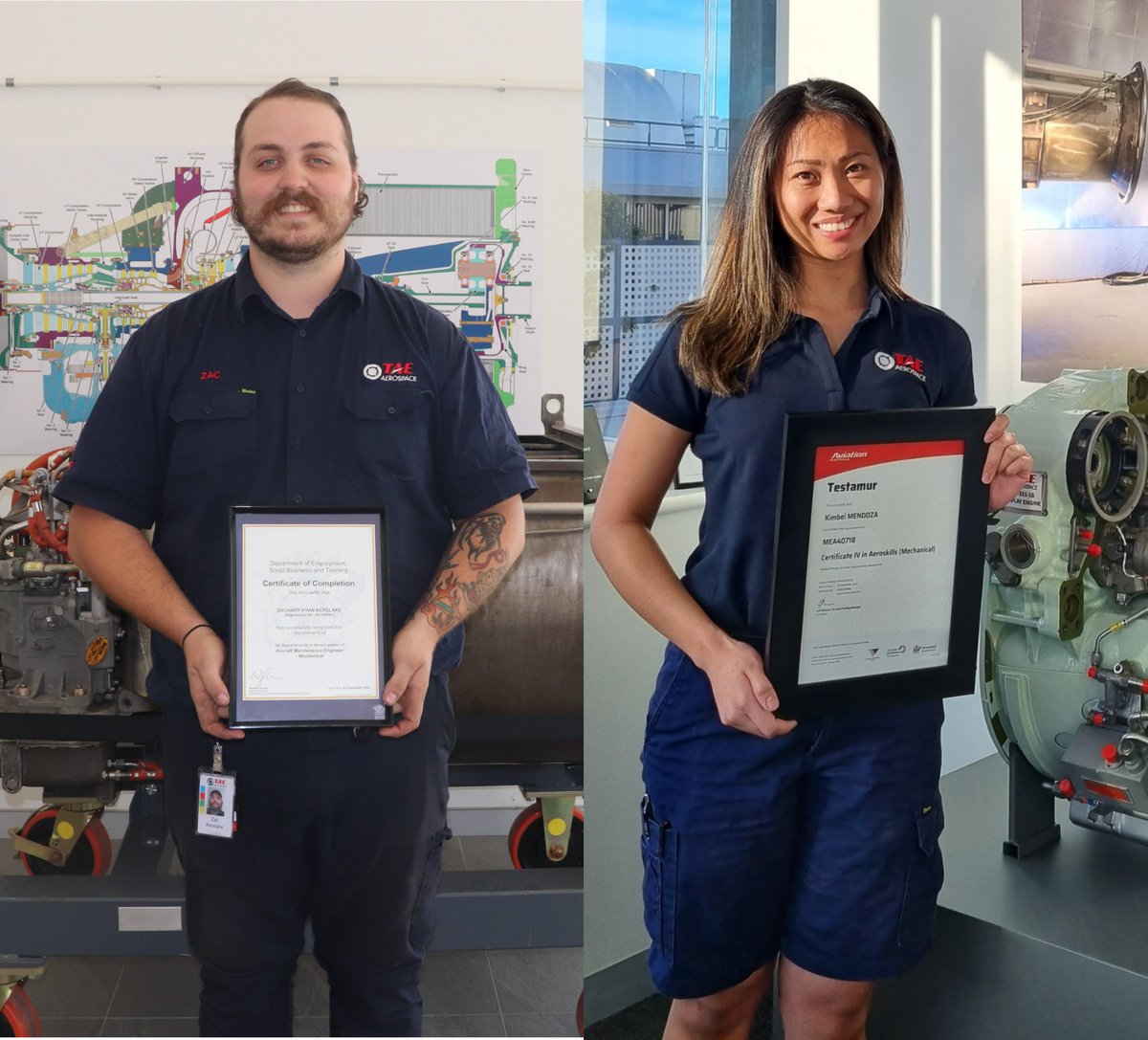 🎉Congratulations to our newest fully certified Aircraft Maintenance Technicians!

After a lot of hard work during their #apprenticeship, Zac and Kimbel have received their completion certificate for their Cert IV in Aeroskills.

Well done on your fantastic #accomplishment!
