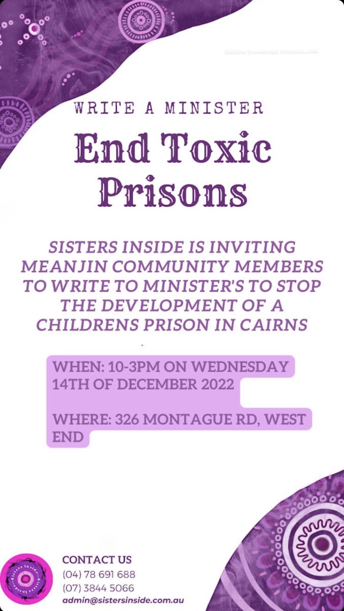 Sisters Inside is inviting Meanjin community members to write to Ministers to stop the development of a children’s prison in NQ

Come join us next week to “write a minister” event #endtoxicprisons #abolishthecage #freeher #FreeThemAll