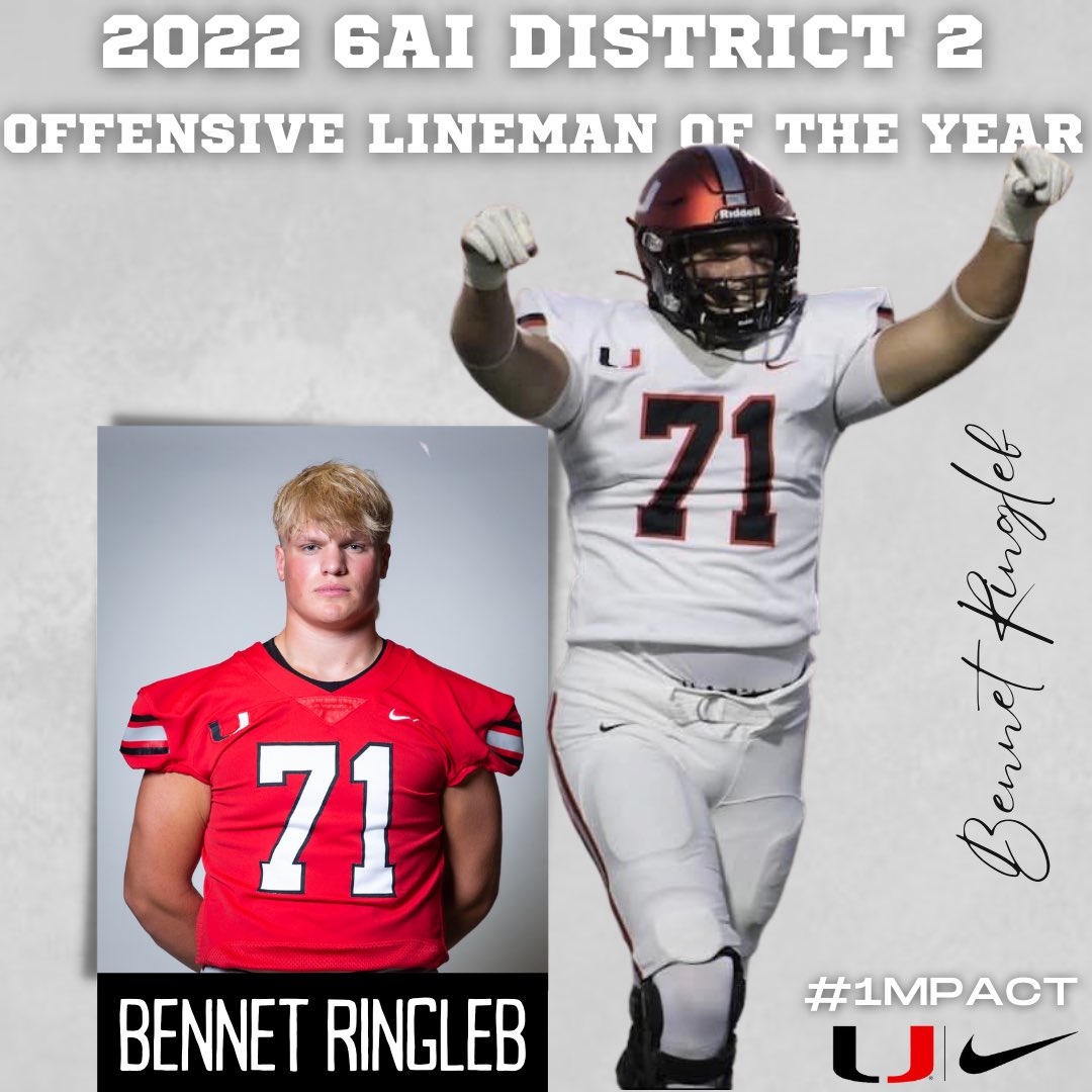 UnionFootball's tweet photo. Congratulations to 6A1 District 2 Offensive lineman of the year @BennettRingleb #1MPACT #UnionFB https://t.co/TnUkTSMc0n