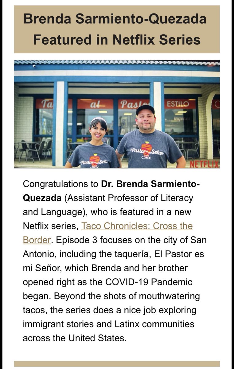 doctorabrendasq's tweet image. Food is deeply tied to our immigrant identity and we love sharing and supporting stories like ours. ¡Mil gracias por el shoutout @drwaynewright! @PurdueEDU @NetflixLAT @pandaas @pastoresmisenor #tacochronicles #immigrads #AcademicChatter #TacoTuesday #SupportSmallBusiness
