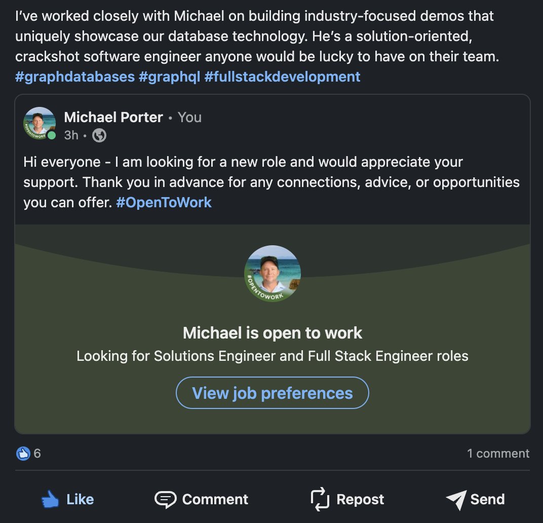 Today was a hard day, <a href="/neo4j/">Neo4j</a>. They let go 10% of the workforce and being new, I found myself in the ranks of those let go. If you're looking for a full-stack engineer with GraphDB focus. Get Ahold of me.