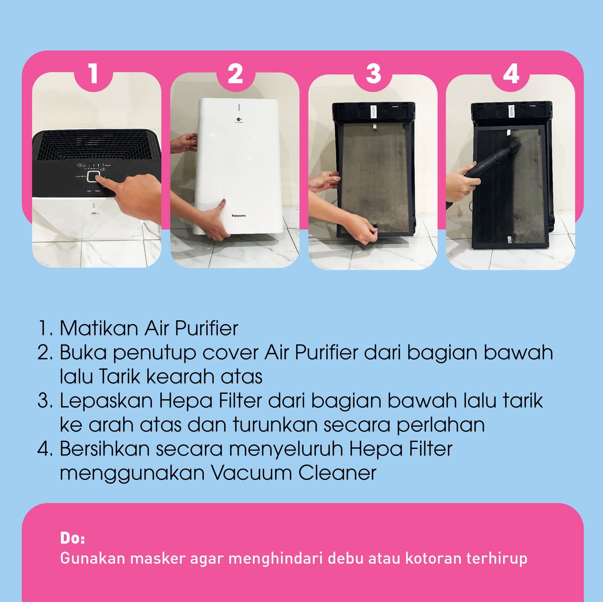 IDPanasonic's tweet photo. Cek Cara Membersihkan HEPA Filter Air Purifier dibawah ini yuk guys ! Semoga bisa menjadi referensi anda dalam memberiskan Air Purifier Anda dirumah.
#PanasonicService #PanasonicAlwayasSupportYou #LiveYourBest #PanasonicAja #Idpanasonic #nyatakualitasinovasi https://t.co/K01dOVsPNU