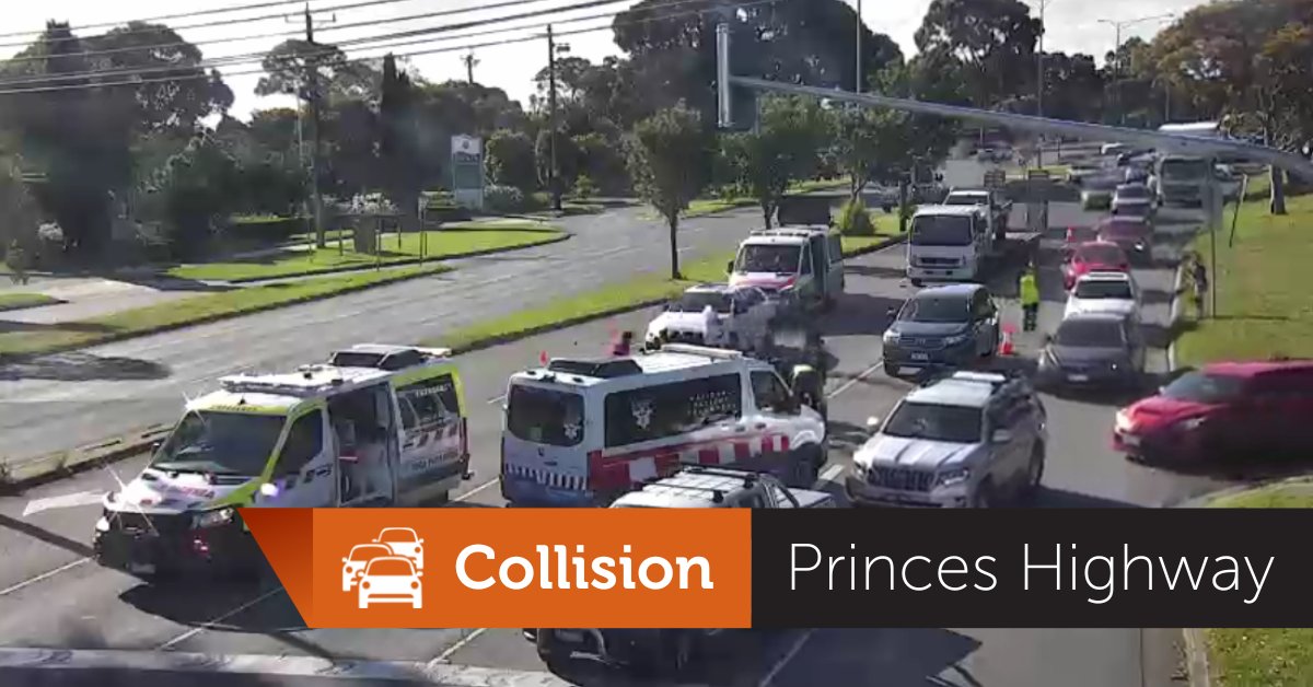 Four outbound lanes closed on the Princes Highway at Browns Road, Noble Park North due to a collision. One lane is open under the direction of emergency services. The VicRoads Incident Response Service, <a href="/VictoriaPolice/">Victoria Police</a> and @ambulanceVic are attending. Merge safely. #victraffic