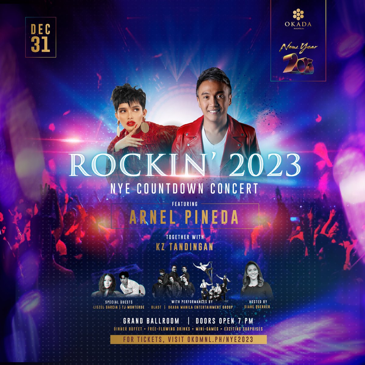 Have a rockin’ New Year’s Eve celebration with Pinoy rock icon @arnelpineda, celebrity couple @KZofficial and @tjmusicmonterde, and singer @imLiezelGarcia! Tickets are available at okdmnl.ph/NYE2023. #OkadaManilaNYE2023 #HolidaysAtOkadaManila