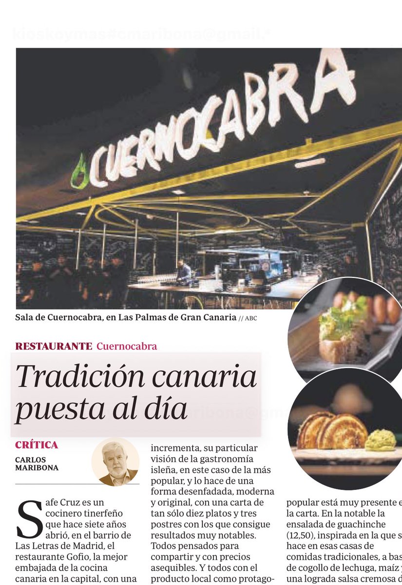 Como todos los miércoles, páginas de Gastronomía en la edición impresa de <a href="/abc_es/">ABC.es</a>. Con mi crítica de <a href="/CUERNOCABRA_GC/">CUERNOCABRA</a> de Safe Cruz en Las Palmas de Gran Canaria.