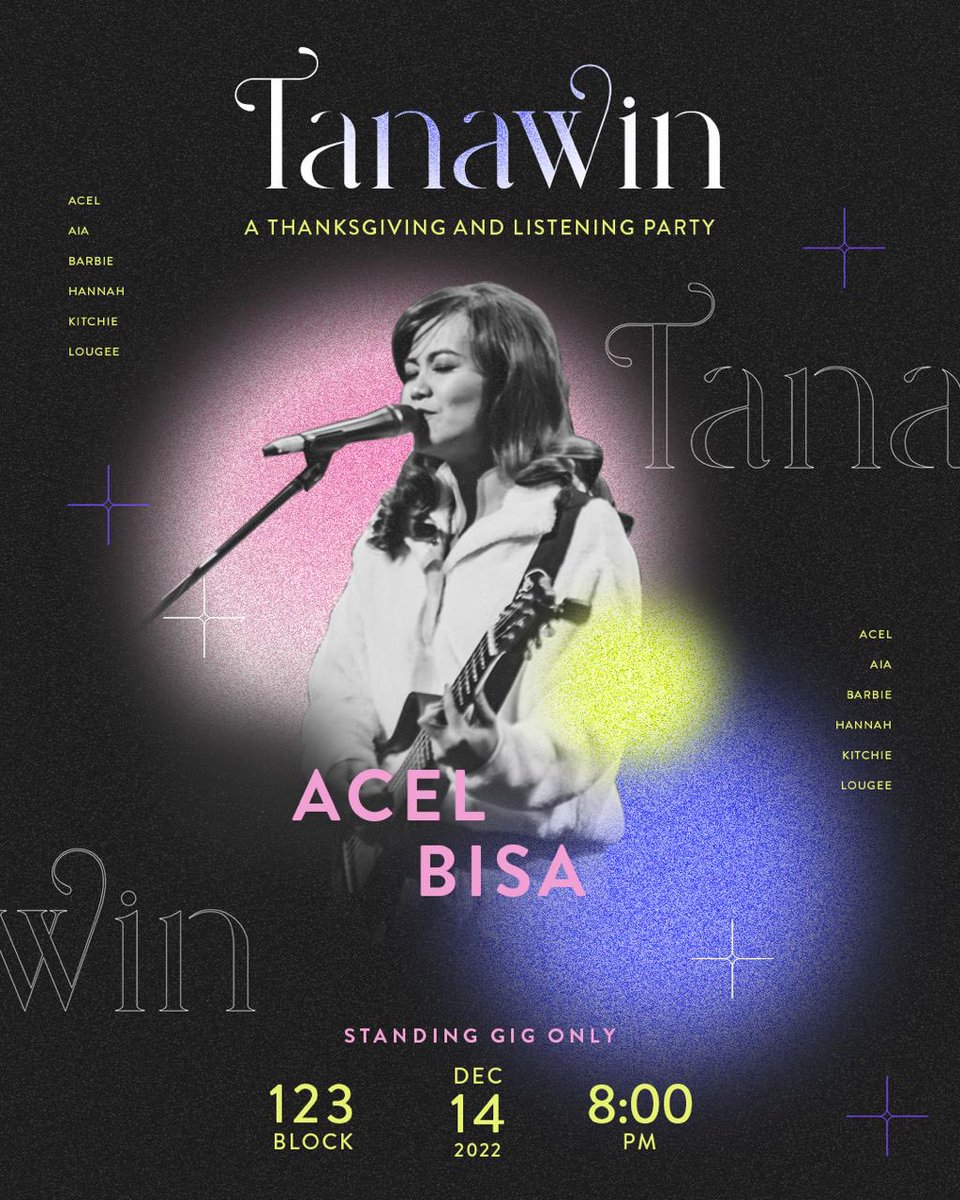 Acel Bisa will be co-headlining TANAWIN along with her fellow Pinoy Rock Queens.

🗓: December 14, 2022
📍: 123 Block, Mandala Park, Mandaluyong City
🎟: bit.ly/tanawintickets