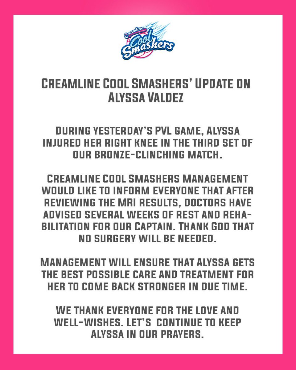 CoolSmashers's tweet photo. We appreciate all your prayers and #goodvibes support for our team captain, Alyssa Valdez, and the whole #CreamlineCoolSmashers! 💗

Your Creamline family wishes you a speedy recovery, Ly! 😊🙏

#CreamlineCoolSmashers
#CreamlineCreamyIcecream https://t.co/1jwUszmC0Q