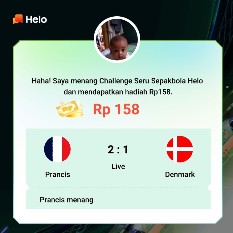 rifanezza's tweet photo. Haha! Saya menang Challenge Seru Sepakbola Helo dan mendapatkan hadiah Rp158.
https://t.co/H70k6BFbkB https://t.co/Jw3HfoWNi0