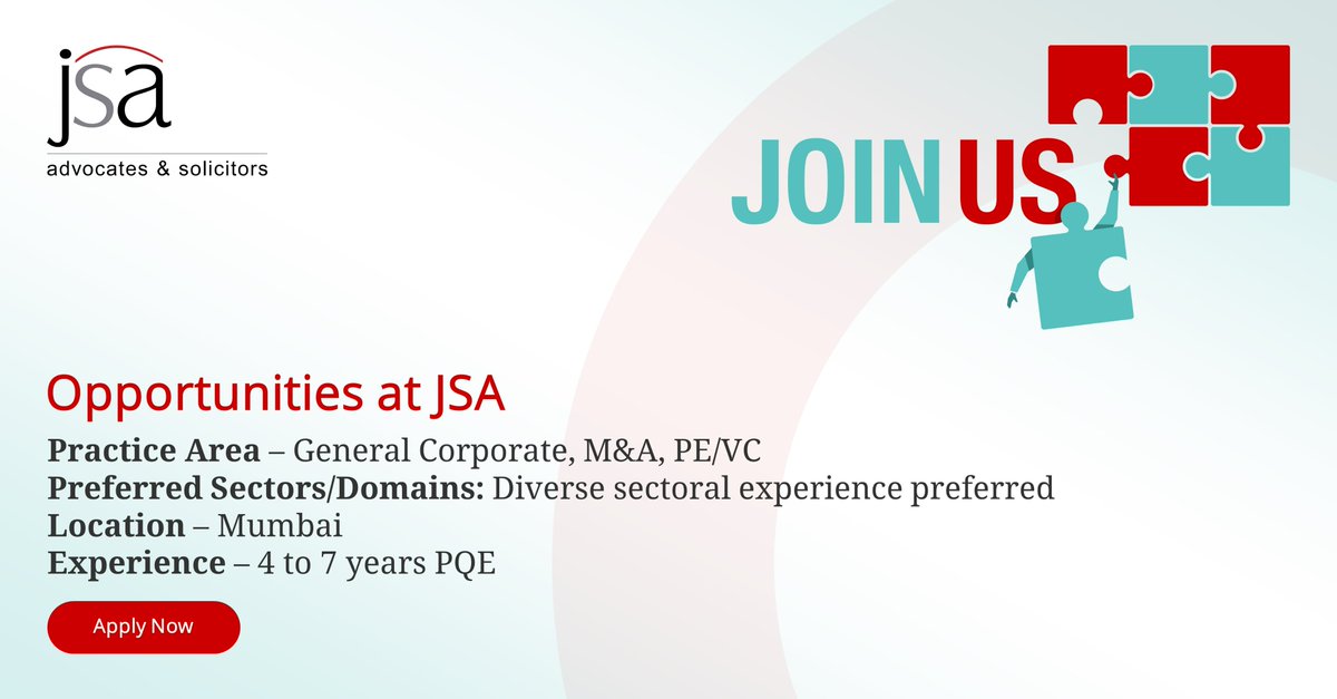 Job opening at JSA

Practice Area – General Corporate, M&A, PE/VC
Location – Mumbai
Post Qualification Experience: 4 to 7 years
Contact – careers@jsalaw.com
Email Subject Line – CV for General Corporate, M&A, PE/VC – Mumbai | Job code – MC002

#legaljobs #lawfirmjobs #jobopening