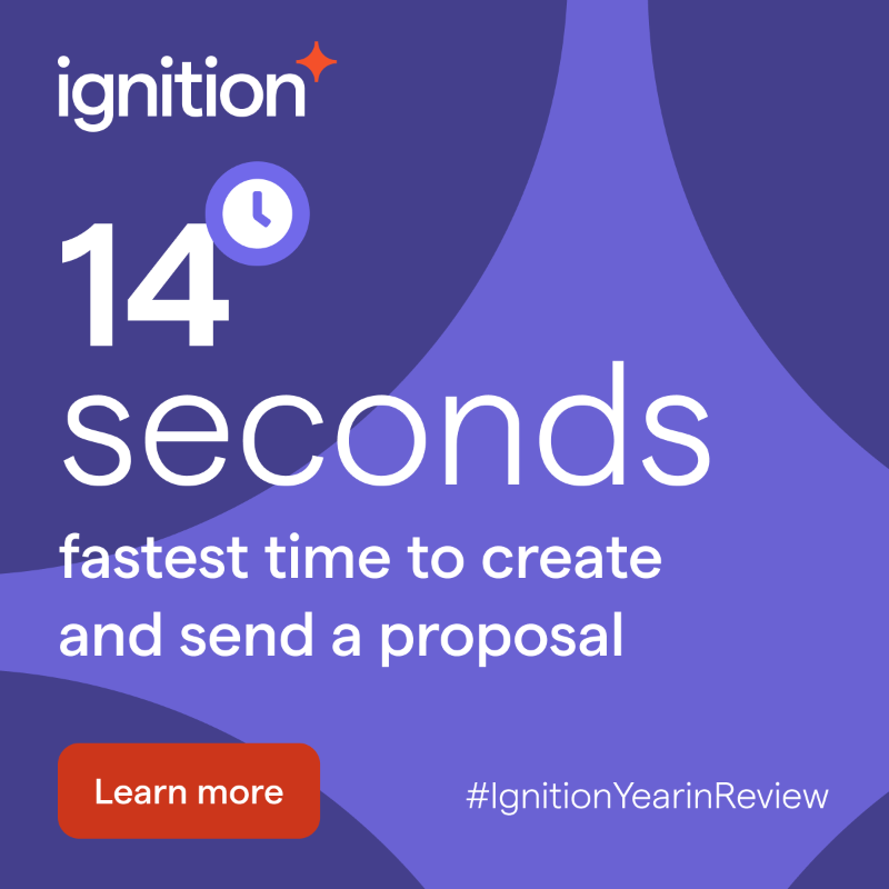 ignitionapp's tweet photo. The fastest time to create and send a proposal in 2022 was 14 seconds! Does anyone think they can beat that time in the upcoming year? 👀
Check out our Year in Review blog to see all the highlights from 2022. #IgnitionYearinReview