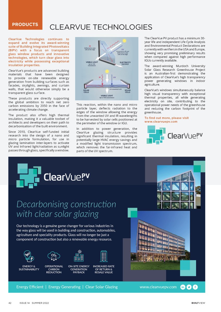 ClearVue PV (@clearvuepv) on Twitter photo Click below online publication link of #AGWA #BuiltviewMagazine, featuring <a href="/ClearVuePV/">ClearVue PV</a> on page 39 as 2022 WA State Award winner in the Innovative Window category!
Check out page 102 for #ClearVue's product editorial!
issuu.com/australianwind…
#decarbonization #solarenergy Click below online publication link of #AGWA #BuiltviewMagazine, featuring <a href="/ClearVuePV/">ClearVue PV</a> on page 39 as 2022 WA State Award winner in the Innovative Window category!
Check out page 102 for #ClearVue's product editorial!
issuu.com/australianwind…
#decarbonization #solarenergy