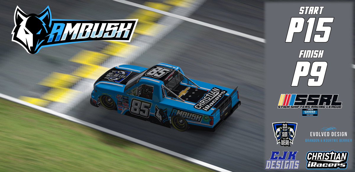 realbrandonbme's tweet photo. Started P15 worked our way up for a top 10 tonight finishing P9! Glad to represent my team &amp; my sponsors! 

Thread to follow of 3 more race pics 📸! 

#iRacing #SimRacing #eSports #eNASCAR 

Thank you sponsors:
- @213simwear 
- @EvolvedDesign_ 
- @CJKDesigns 
- Christian iRacers https://t.co/Jr75JlmqmR