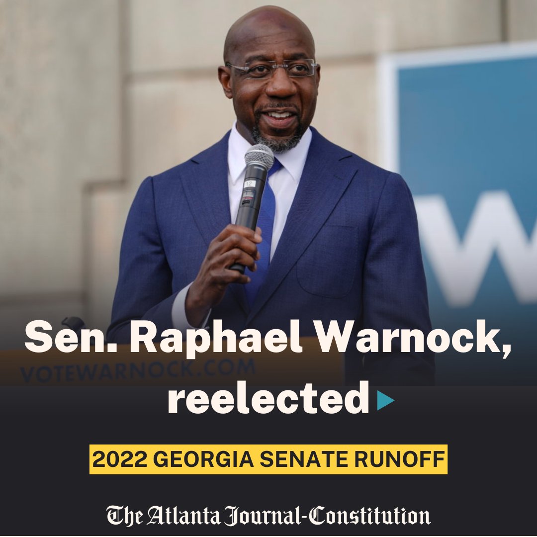 ajc's tweet image. BREAKING: U.S. Sen. Raphael Warnock has defeated Republican Herschel Walker to win a full six-year term that will give Democrats 51-49 majority in the Senate: bit.ly/3Y0MVc2#gapol  #GArunoff