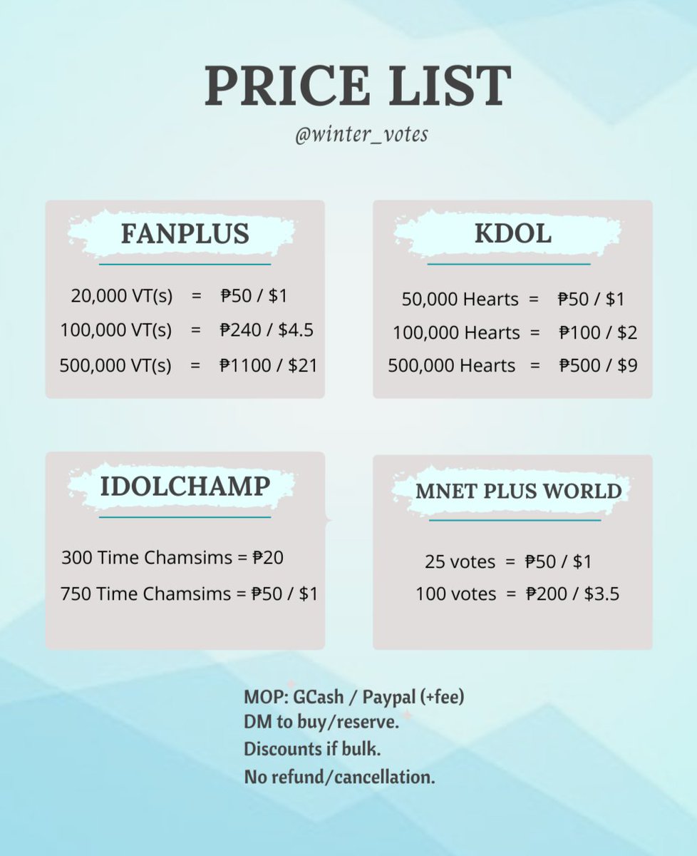 ❄️ KPOP VOTES FOR SALE ❄️

🏷️ FANPLUS
🏷️ KDOL
🏷️ IDOLCHAMP
🏷️ MNET PLUS WORLD / MCOUNTDOWN

DM TO BUY/INQUIRE 💌
MOP: GCASH / PAYPAL (+fee).

#WinterVotes ❄️