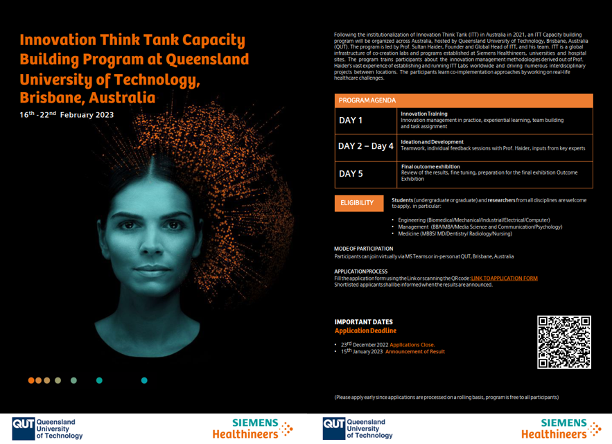 Our friends at Siemens Healthineers are running an Innovation Think Tank Capacity Building Program with the QUT (Queensland University of Technology) in Brisbane on the 16th - 22nd of February 2023. To complete the application, follow the QR code. #imagingtechnologies #innovation