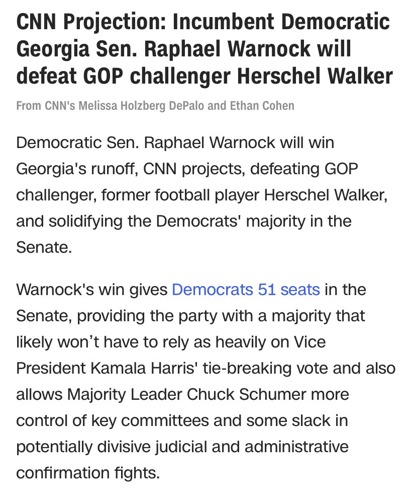 @ReverendWarnock did it! He beat Hershel Walker in the #GArunoff giving Democrats a 51-49 Senate majority!! This is FANTASTIC news! Congratulations to Sen. Warnock! #VoteWarnock #VoteBlueToSaveDemocracy