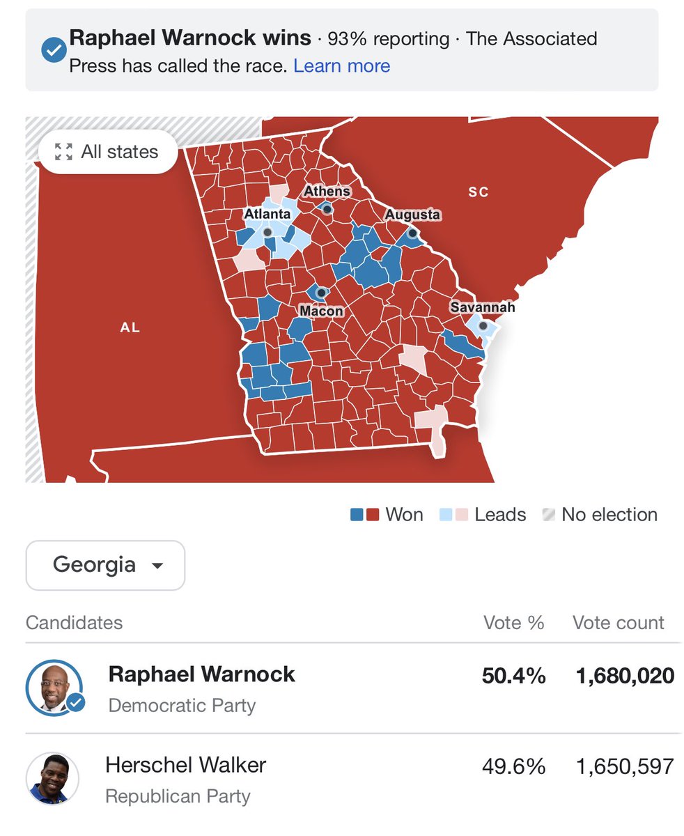 Monster <a href="/LeaderMcConnell/">Mitch McConnell</a> will never be majority leader again. <a href="/ReverendWarnock/">Reverend Raphael Warnock</a> wins in GA. #GArunoff