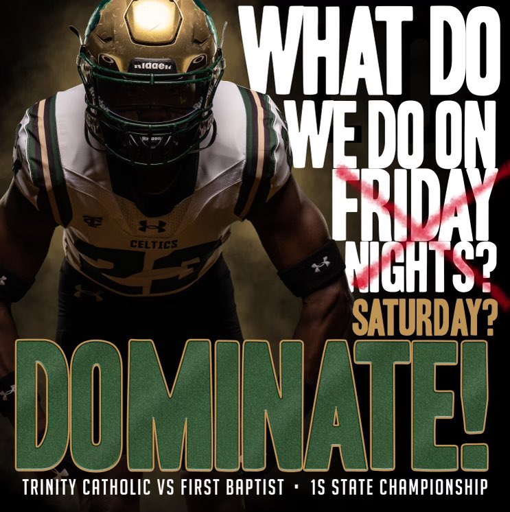 Trinity Catholic Celtics Football (@tccelticsfb) on Twitter photo Play for a State Championship this Saturday @ 1pm in Tallahassee!!☘️ Head to Tally and support the Green & Gold of TC & help bring back a Trophy to Ocala!☘️🏈🏆Celtics wear your green! <a href="/OcalaPreps/">Ocala Preps</a> <a href="/FHSAA/">FHSAA</a> @CoachBrantleyTC <a href="/OcalaStarBanner/">Ocala StarBanner</a> Play for a State Championship this Saturday @ 1pm in Tallahassee!!☘️ Head to Tally and support the Green & Gold of TC & help bring back a Trophy to Ocala!☘️🏈🏆Celtics wear your green! <a href="/OcalaPreps/">Ocala Preps</a> <a href="/FHSAA/">FHSAA</a> @CoachBrantleyTC <a href="/OcalaStarBanner/">Ocala StarBanner</a>