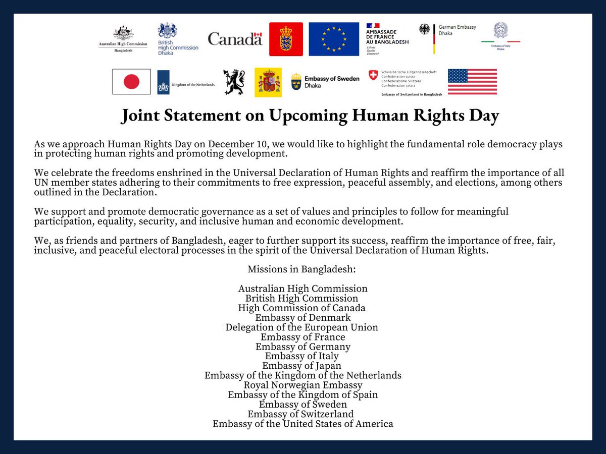 Joint Statement on Upcoming Human Rights Day 🇦🇺🇬🇧🇨🇦🇩🇰🇪🇺🇫🇷🇩🇪🇮🇹🇯🇵🇳🇱🇳🇴🇪🇸🇸🇪🇨🇭🇺🇸