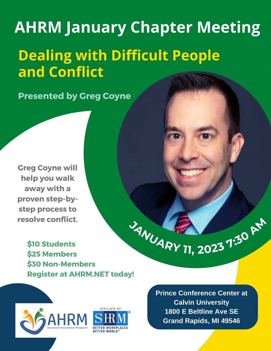 AHRMGR's tweet photo. Often in HR, we are confronted with difficult people and conflict. Join us for our January chapter meeting where we will add more tools to our tool box on how to better deal with these people and the situations they bring. Registration is open now at https://t.co/1idR6QVZLJ! https://t.co/s3px7342pe