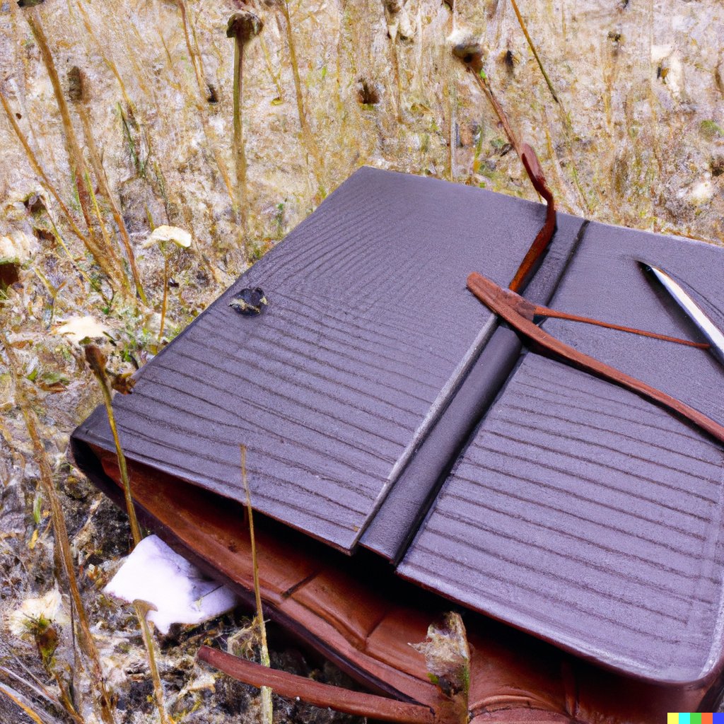 Future2Ben's tweet photo. "A worn and weathered leather journal filled with handwritten love letters, resting on a bed of dried wildflowers and pine needles." https://t.co/fIIvb5wH5f