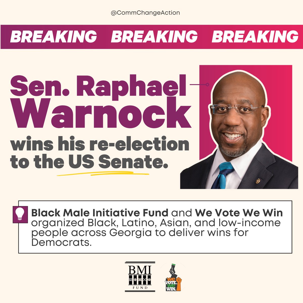 ⚡️BREAKING: Thanks to organizing leaders like <a href="/bmifund/">Black Male Initiative Fund</a> and <a href="/wevote_wewin/">We Vote. We Win.</a>, Senator  <a href="/RaphaelWarnock/">Raphael G. Warnock</a> WINS his reelection to the United States Senate.

#GeorgiaElection #Georgia