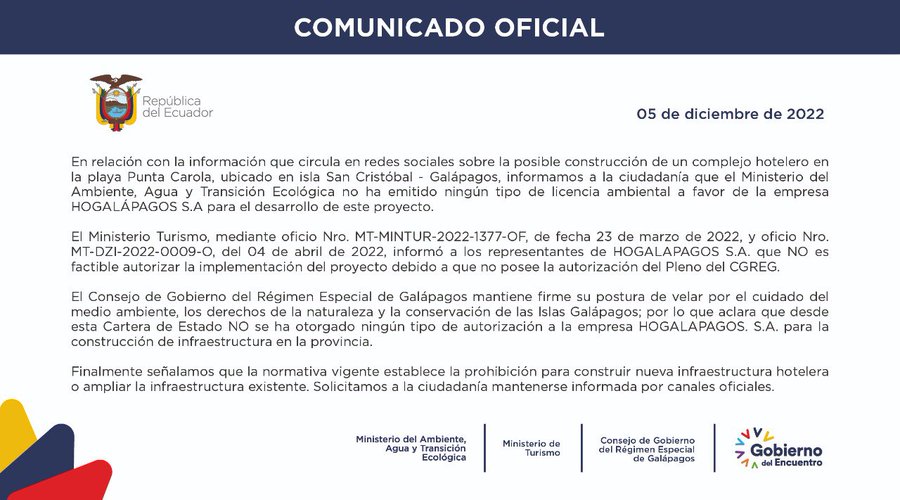 El  ministerio de <a href="/Ambiente_Ec/">ambiente_ec</a> emitió ayer un comunicado en el que afirma que "no ha emitido ningún tipo de licencia ambiental a favor de la empresa HOGALÁPAGOS, S.A” para la construcción en #SOSPlayaCarola

Mmhh... suena bien, no? Bueno, no tanto, acompáñanos en este  hilo 👇🏽🐢