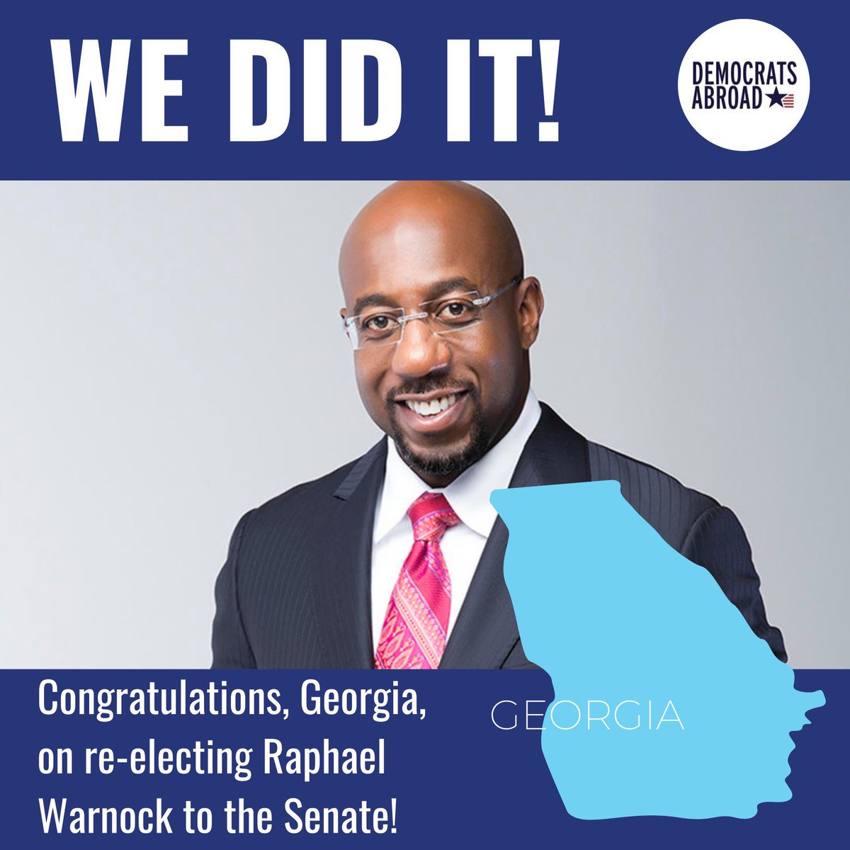 <a href="/sfpelosi/">Christine Pelosi</a> Congratulations to <a href="/SenatorWarnock/">Senator Reverend Raphael Warnock</a> for your big victory in Georgia! 🍑 And Thank You to all the Georgians living overseas for your #VoteFromAbroad that helped Warnock win. 🇺🇸🌍 #DemsAbroad #Warnock4GA #GArunoff