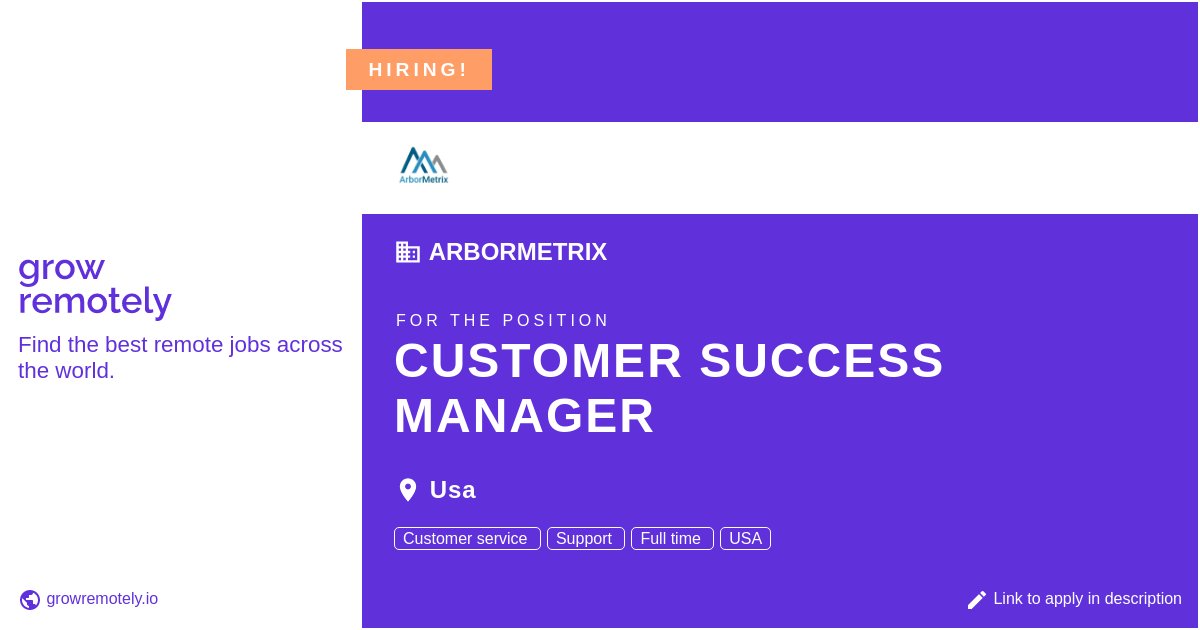 growremotelyio's tweet image. Check out this job at ArborMetrix for the position Customer Success Manager.

 Apply link: growremotely.io/?id=638fdb2042…

#hiring #remotejobs #ArborMetrix #CustomerSupport